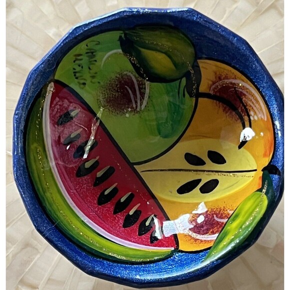 Mexican Terracotta Clay Painted Fruit Pottery Footed Salsa Bowl Trinket Dish New - Picture 3 of 6